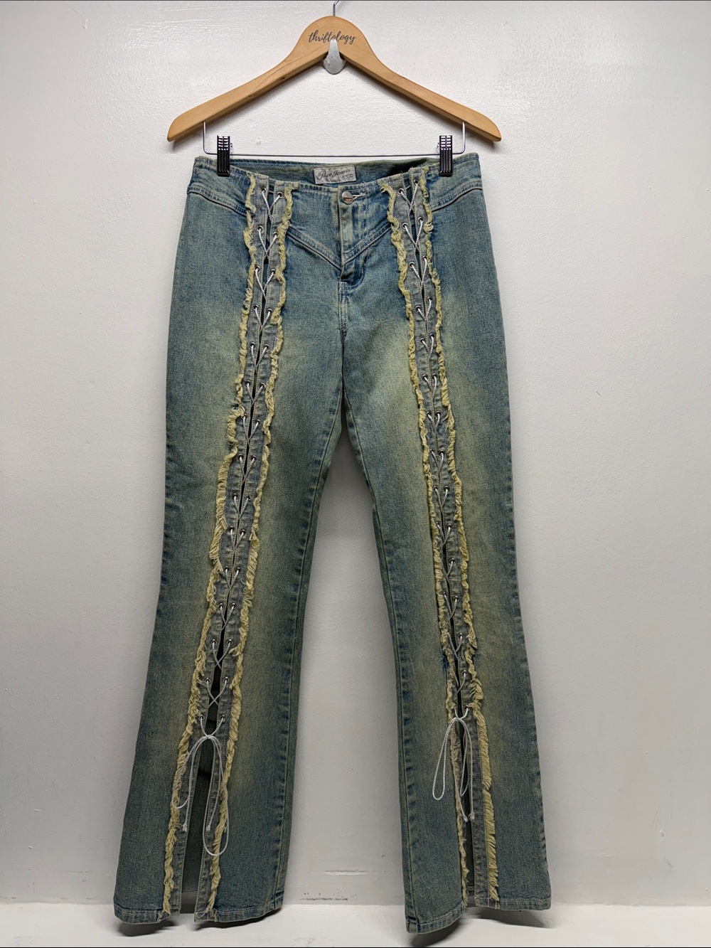 Paco Jeans Cotton Lace Up Low Rise Fringe Flare Denim Pants Stretch VTG Blue 9